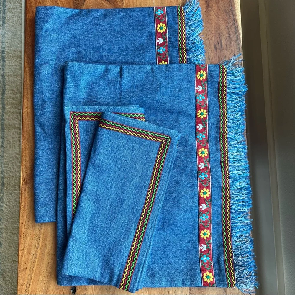 Vintage Boho Denim Placemats Napkins Set Fringe Farmhouse Table Decor NWT